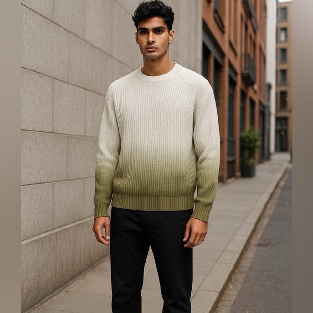Zara Men's Olive to Cream Gradient Crewneck Sweater